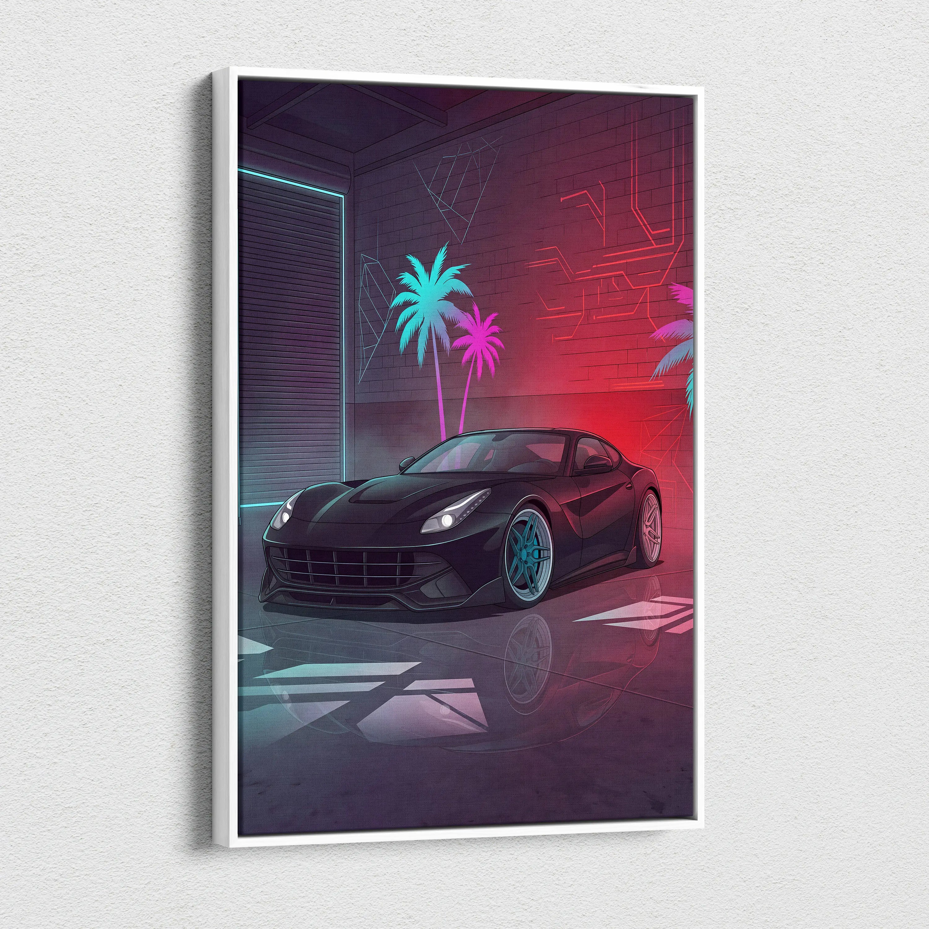 Ferrari F12 Inspired Black Red Canvas Wall Art, Vaporwave Sports Car Artwork, Neon Palm Garage Decor, Retro Futuristic Exotic Car Print