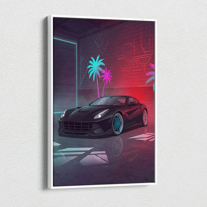 Ferrari F12 Inspired Black Red Canvas Wall Art, Vaporwave Sports Car Artwork, Neon Palm Garage Decor, Retro Futuristic Exotic Car Print