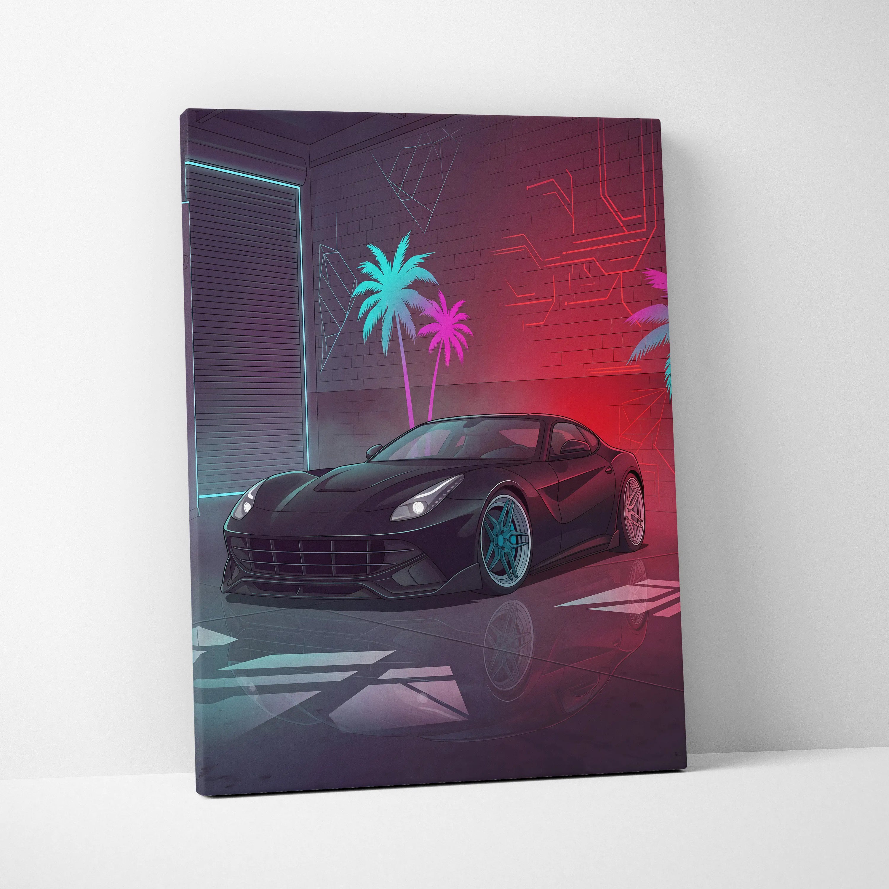 Ferrari F12 Inspired Black Red Canvas Wall Art, Vaporwave Sports Car Artwork, Neon Palm Garage Decor, Retro Futuristic Exotic Car Print