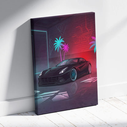 Ferrari F12 Inspired Black Red Canvas Wall Art, Vaporwave Sports Car Artwork, Neon Palm Garage Decor, Retro Futuristic Exotic Car Print