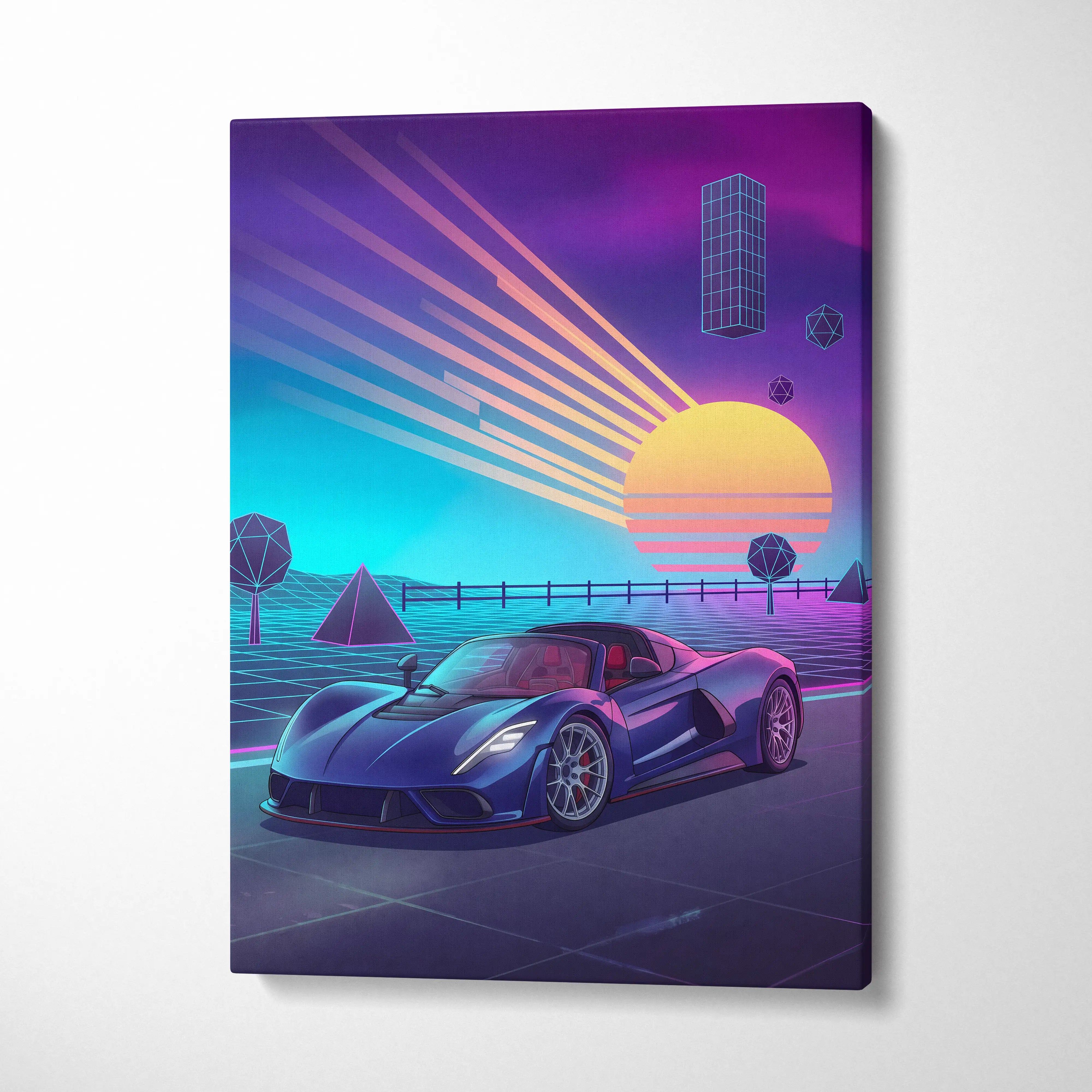 Hennessey Venom F5 Inspired Blue Purple Canvas Wall Art, Vaporwave Hypercar Artwork, Neon Sunset Garage Decor, Retro Futuristic Car Print