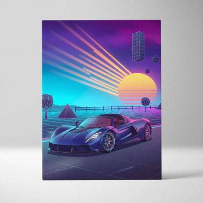 Hennessey Venom F5 Inspired Blue Purple Canvas Wall Art, Vaporwave Hypercar Artwork, Neon Sunset Garage Decor, Retro Futuristic Car Print