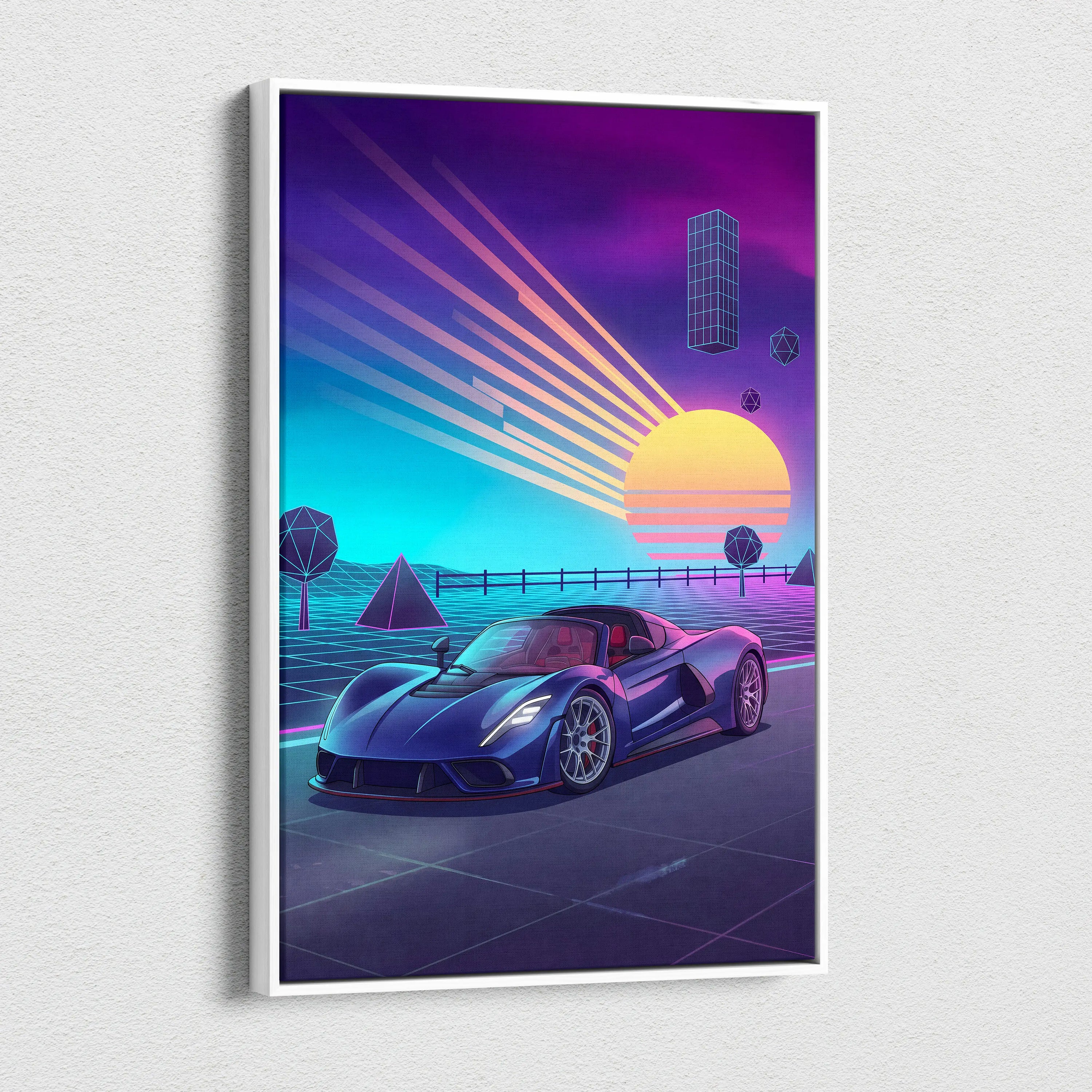 Hennessey Venom F5 Inspired Blue Purple Canvas Wall Art, Vaporwave Hypercar Artwork, Neon Sunset Garage Decor, Retro Futuristic Car Print