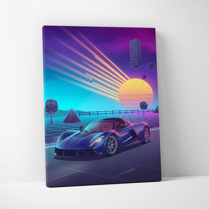 Hennessey Venom F5 Inspired Blue Purple Canvas Wall Art, Vaporwave Hypercar Artwork, Neon Sunset Garage Decor, Retro Futuristic Car Print