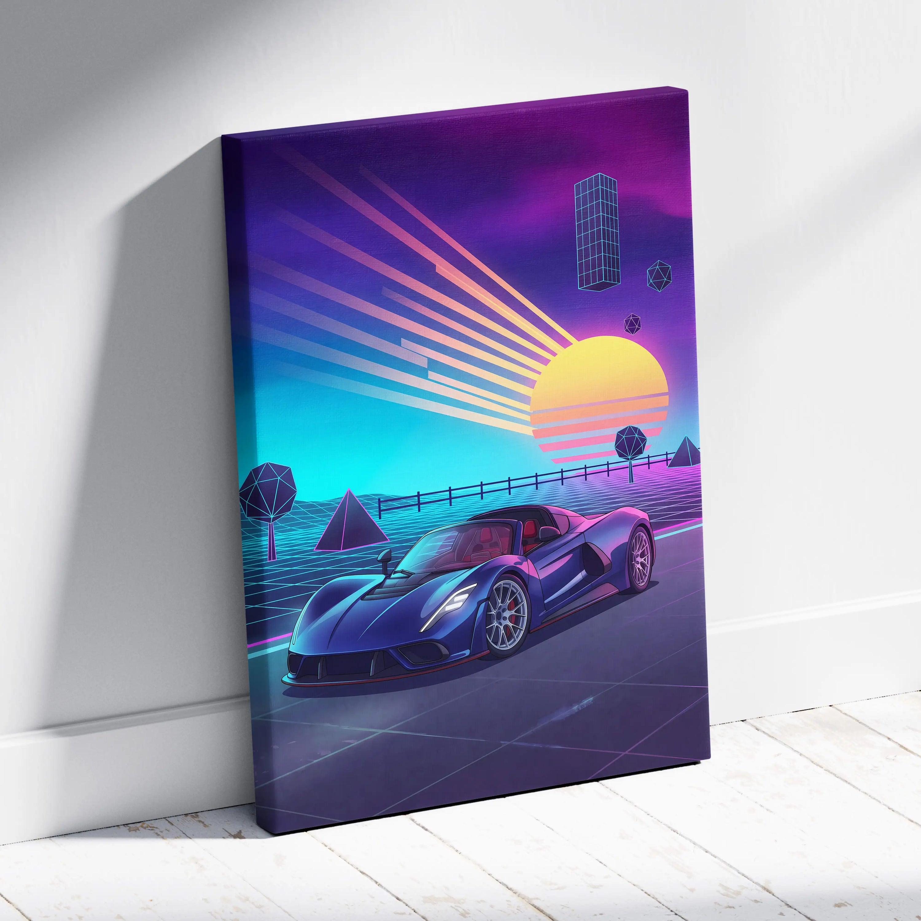 Hennessey Venom F5 Inspired Blue Purple Canvas Wall Art, Vaporwave Hypercar Artwork, Neon Sunset Garage Decor, Retro Futuristic Car Print