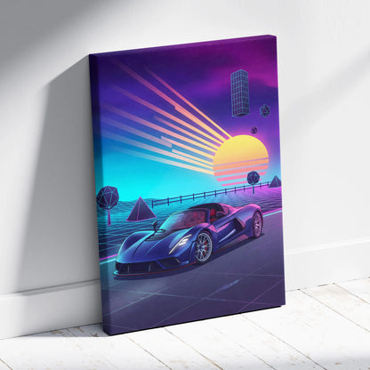 Hennessey Venom F5 Inspired Blue Purple Canvas Wall Art, Vaporwave Hypercar Artwork, Neon Sunset Garage Decor, Retro Futuristic Car Print