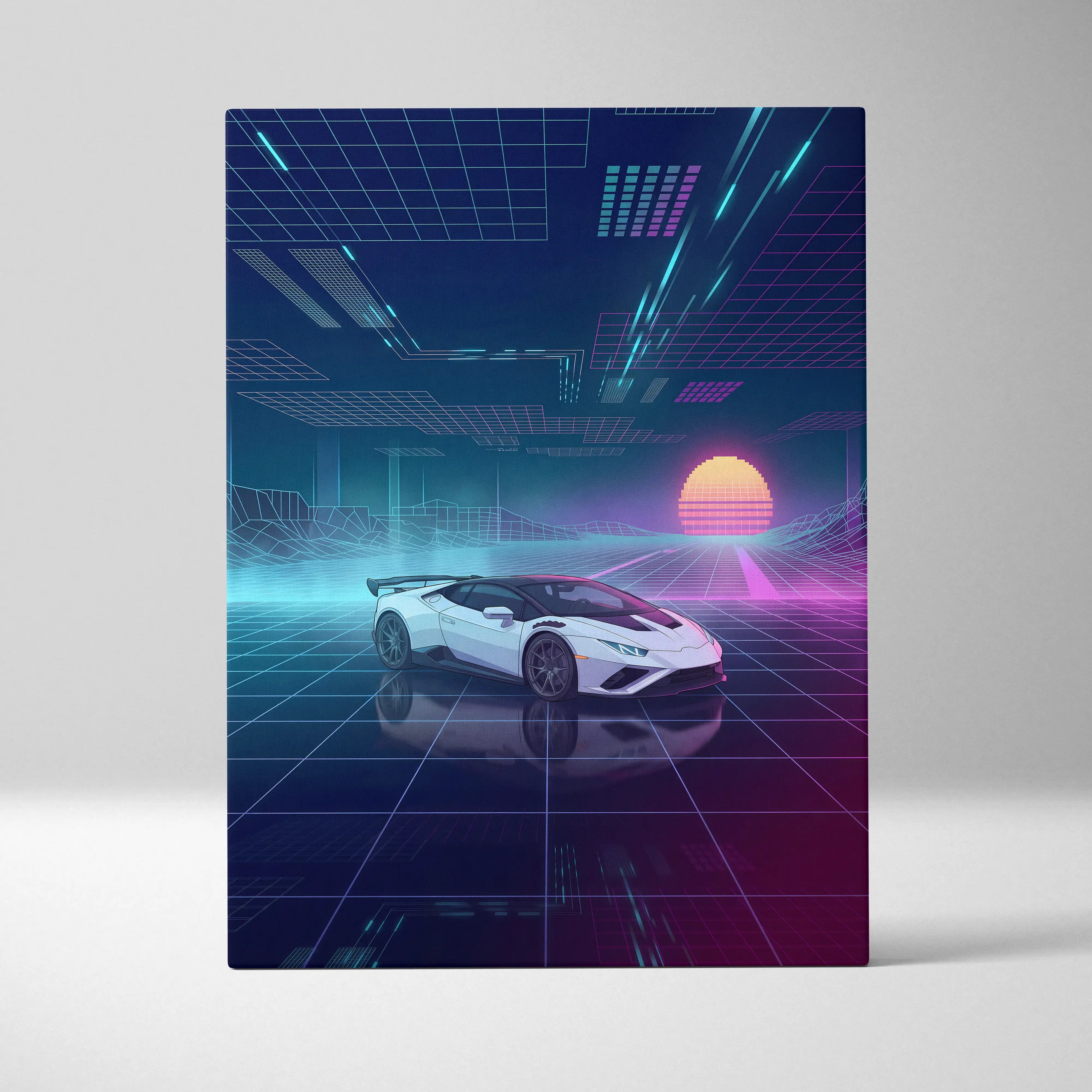Lamborghini Huracan STO Inspired White Purple Canvas Wall Art Vaporwave Supercar Artwork Neon Grid Garage Decor Retro Futuristic Cyberpunk Print