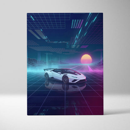 Lamborghini Huracan STO Inspired White Purple Canvas Wall Art Vaporwave Supercar Artwork Neon Grid Garage Decor Retro Futuristic Cyberpunk Print
