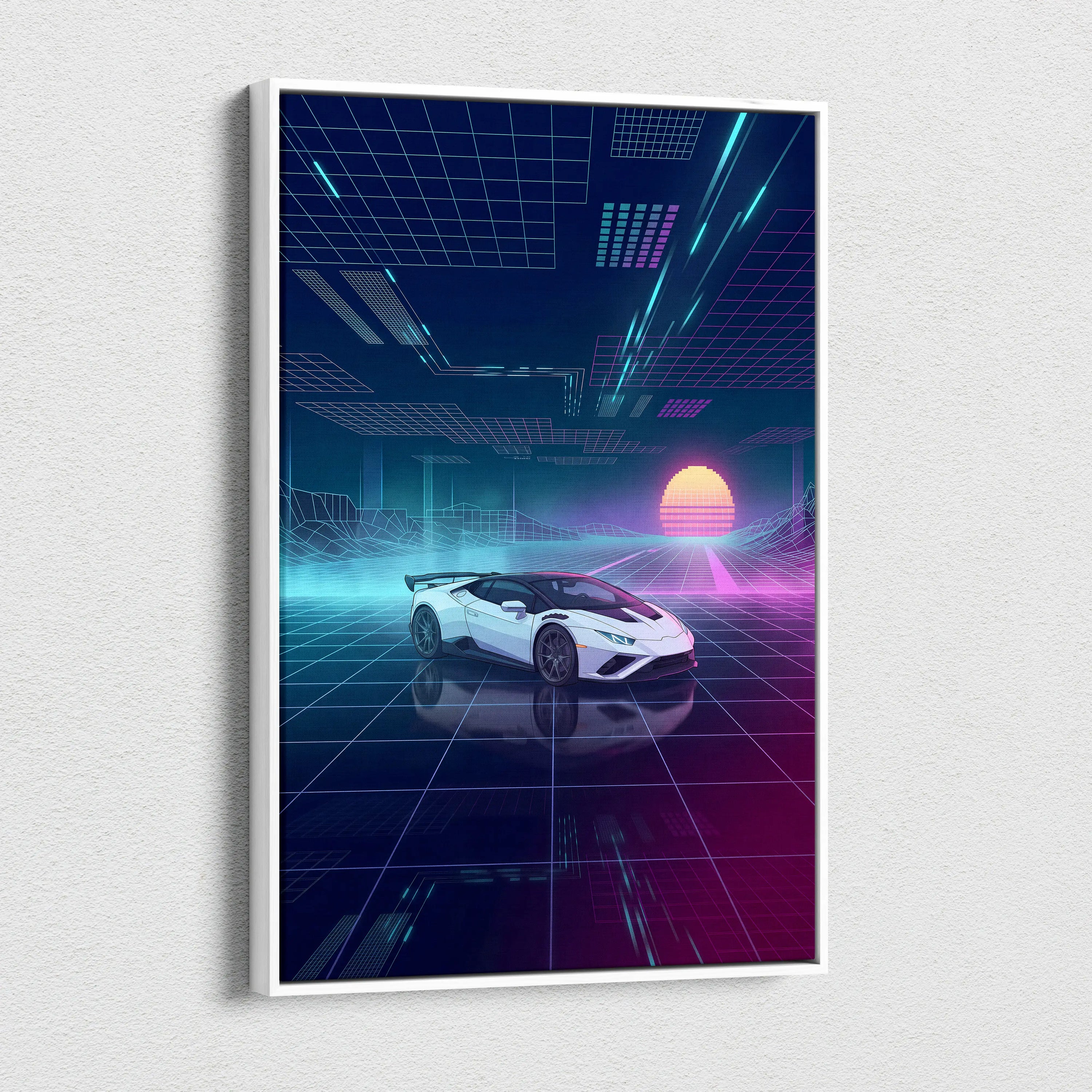 Lamborghini Huracan STO Inspired White Purple Canvas Wall Art Vaporwave Supercar Artwork Neon Grid Garage Decor Retro Futuristic Cyberpunk Print