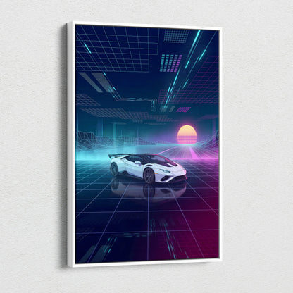 Lamborghini Huracan STO Inspired White Purple Canvas Wall Art Vaporwave Supercar Artwork Neon Grid Garage Decor Retro Futuristic Cyberpunk Print