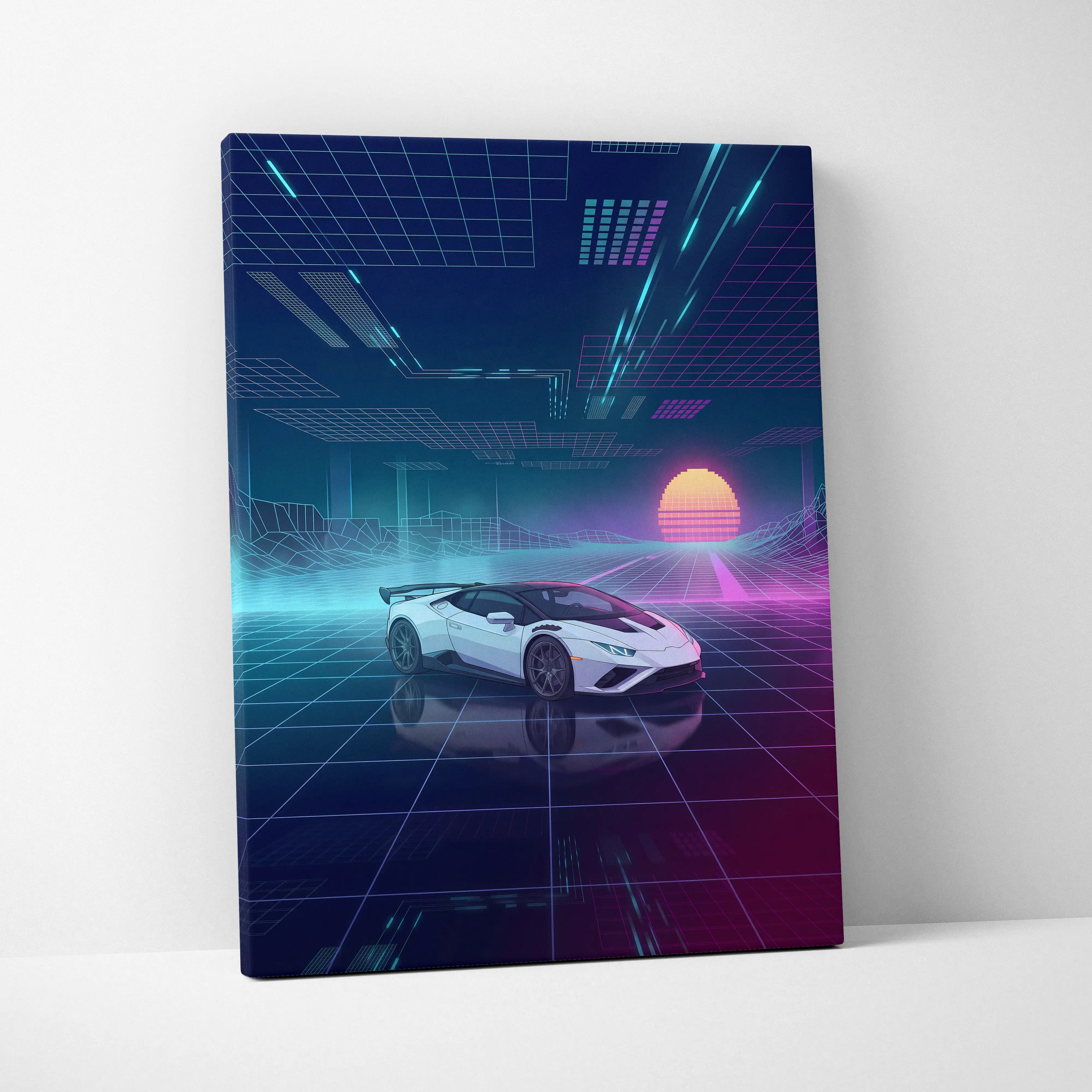 Lamborghini Huracan STO Inspired White Purple Canvas Wall Art Vaporwave Supercar Artwork Neon Grid Garage Decor Retro Futuristic Cyberpunk Print