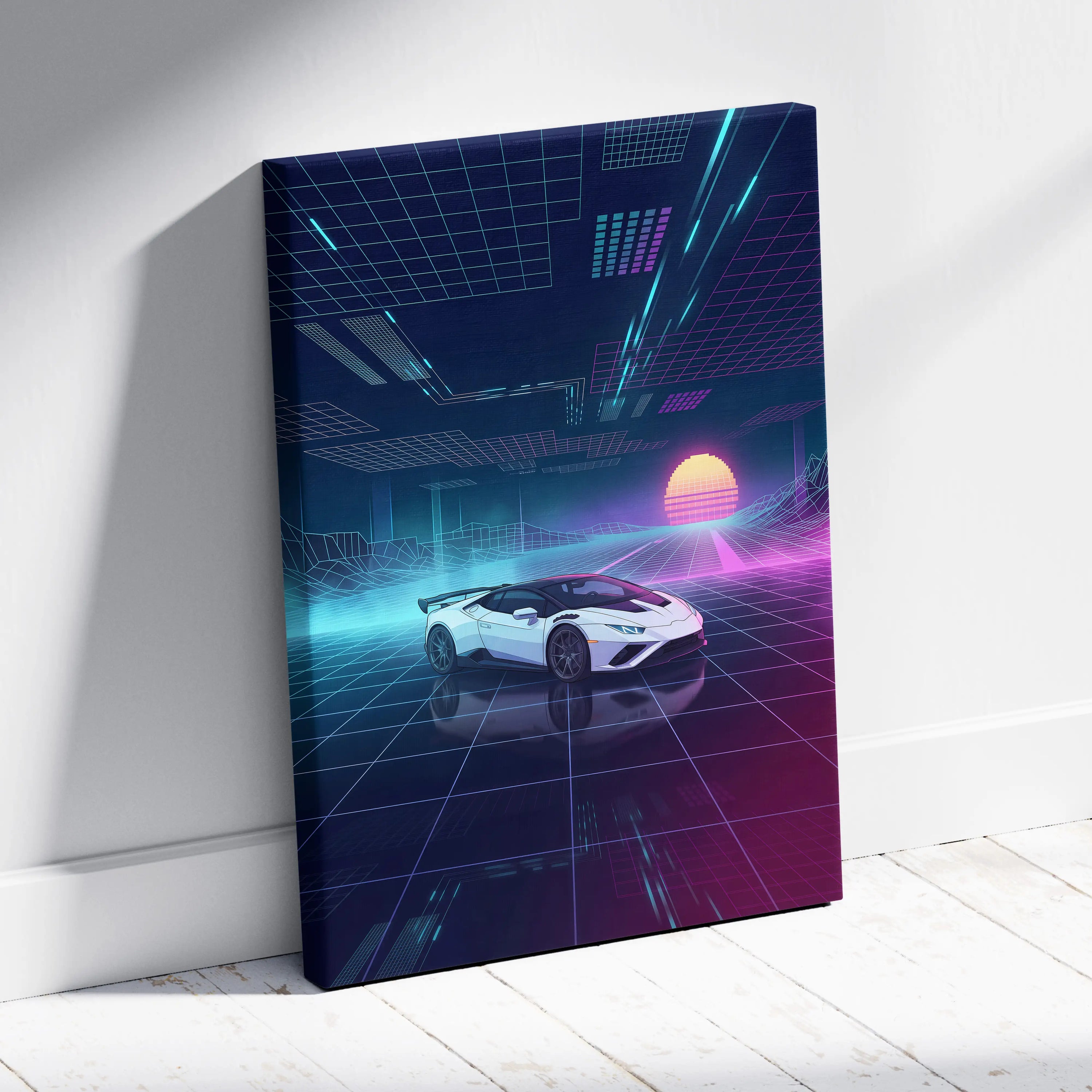 Lamborghini Huracan STO Inspired White Purple Canvas Wall Art Vaporwave Supercar Artwork Neon Grid Garage Decor Retro Futuristic Cyberpunk Print