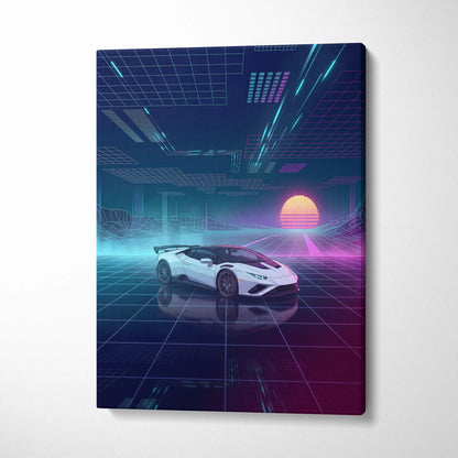 Lamborghini Huracan STO Inspired White Purple Canvas Wall Art Vaporwave Supercar Artwork Neon Grid Garage Decor Retro Futuristic Cyberpunk Print