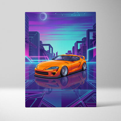 Toyota GR Supra Inspired Orange Purple Canvas Wall Art Vaporwave Sports Car Artwork Neon Cyberpunk Garage Decor Retro Futuristic JDM Print