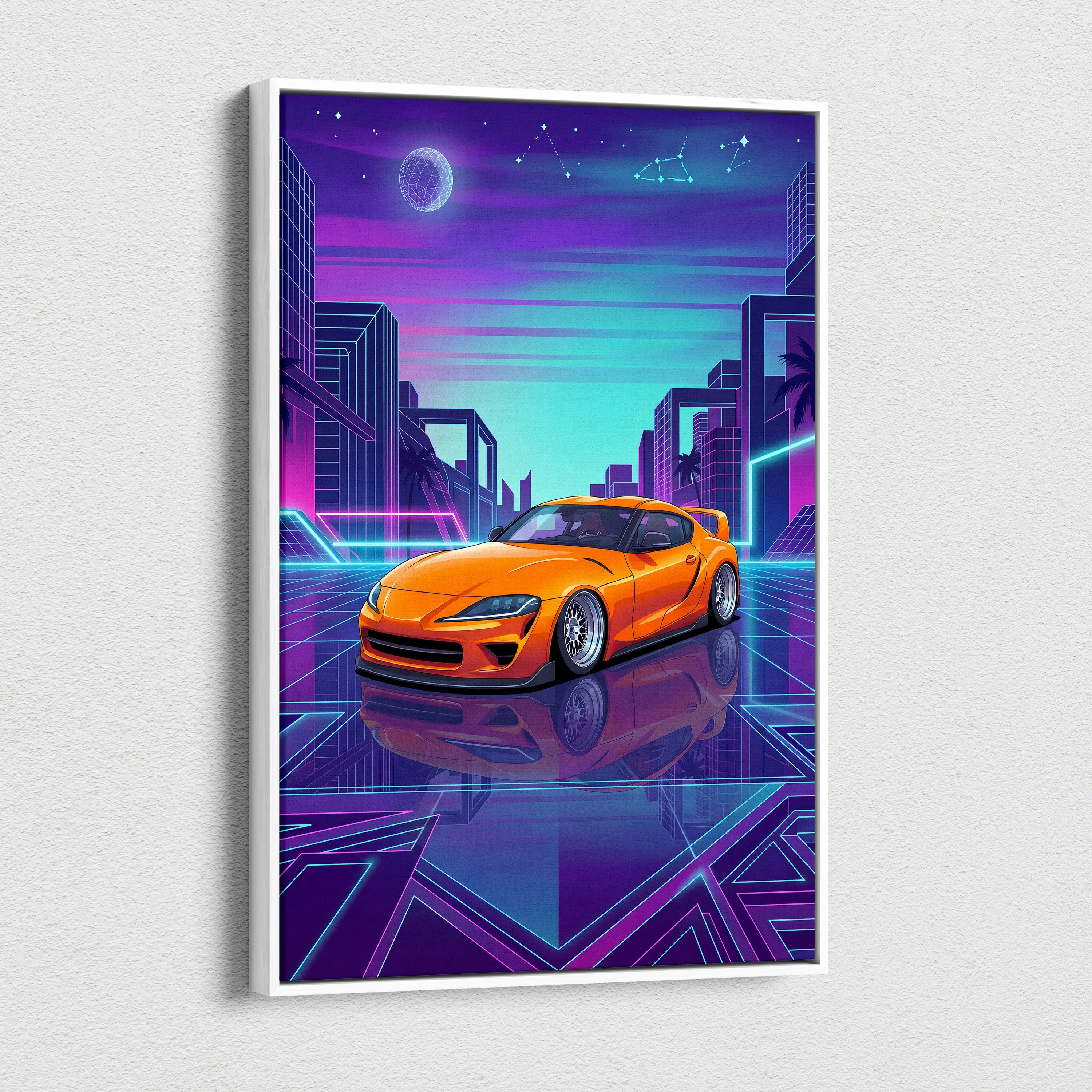Toyota GR Supra Inspired Orange Purple Canvas Wall Art Vaporwave Sports Car Artwork Neon Cyberpunk Garage Decor Retro Futuristic JDM Print