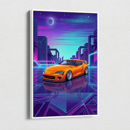 Toyota GR Supra Inspired Orange Purple Canvas Wall Art Vaporwave Sports Car Artwork Neon Cyberpunk Garage Decor Retro Futuristic JDM Print