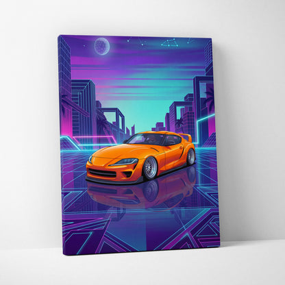 Toyota GR Supra Inspired Orange Purple Canvas Wall Art Vaporwave Sports Car Artwork Neon Cyberpunk Garage Decor Retro Futuristic JDM Print