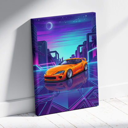 Toyota GR Supra Inspired Orange Purple Canvas Wall Art Vaporwave Sports Car Artwork Neon Cyberpunk Garage Decor Retro Futuristic JDM Print