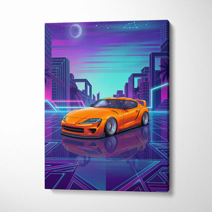 Toyota GR Supra Inspired Orange Purple Canvas Wall Art Vaporwave Sports Car Artwork Neon Cyberpunk Garage Decor Retro Futuristic JDM Print