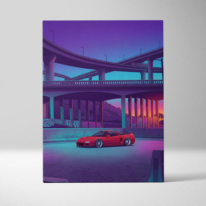 Acura NSX Inspired Red Purple Canvas Wall Art Vaporwave JDM Supercar Artwork Neon Overpass Garage Decor Retro Futuristic City Print