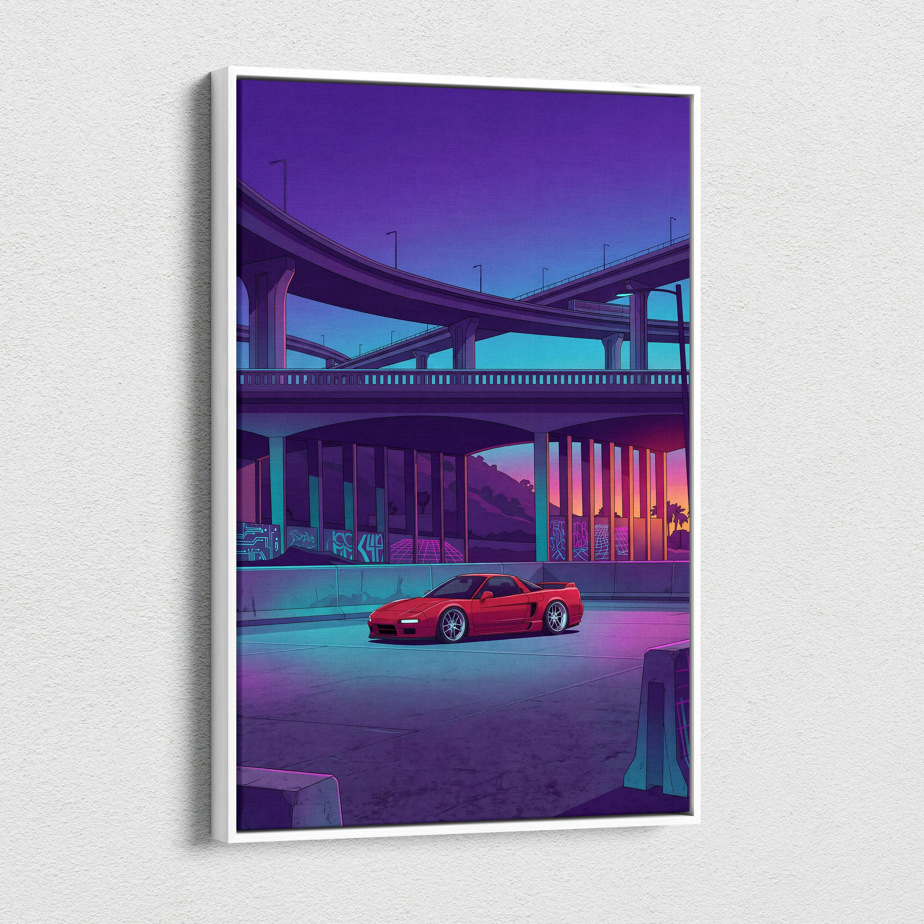 Acura NSX Inspired Red Purple Canvas Wall Art Vaporwave JDM Supercar Artwork Neon Overpass Garage Decor Retro Futuristic City Print
