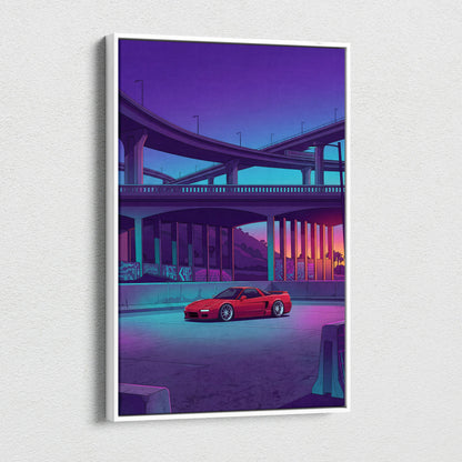Acura NSX Inspired Red Purple Canvas Wall Art Vaporwave JDM Supercar Artwork Neon Overpass Garage Decor Retro Futuristic City Print