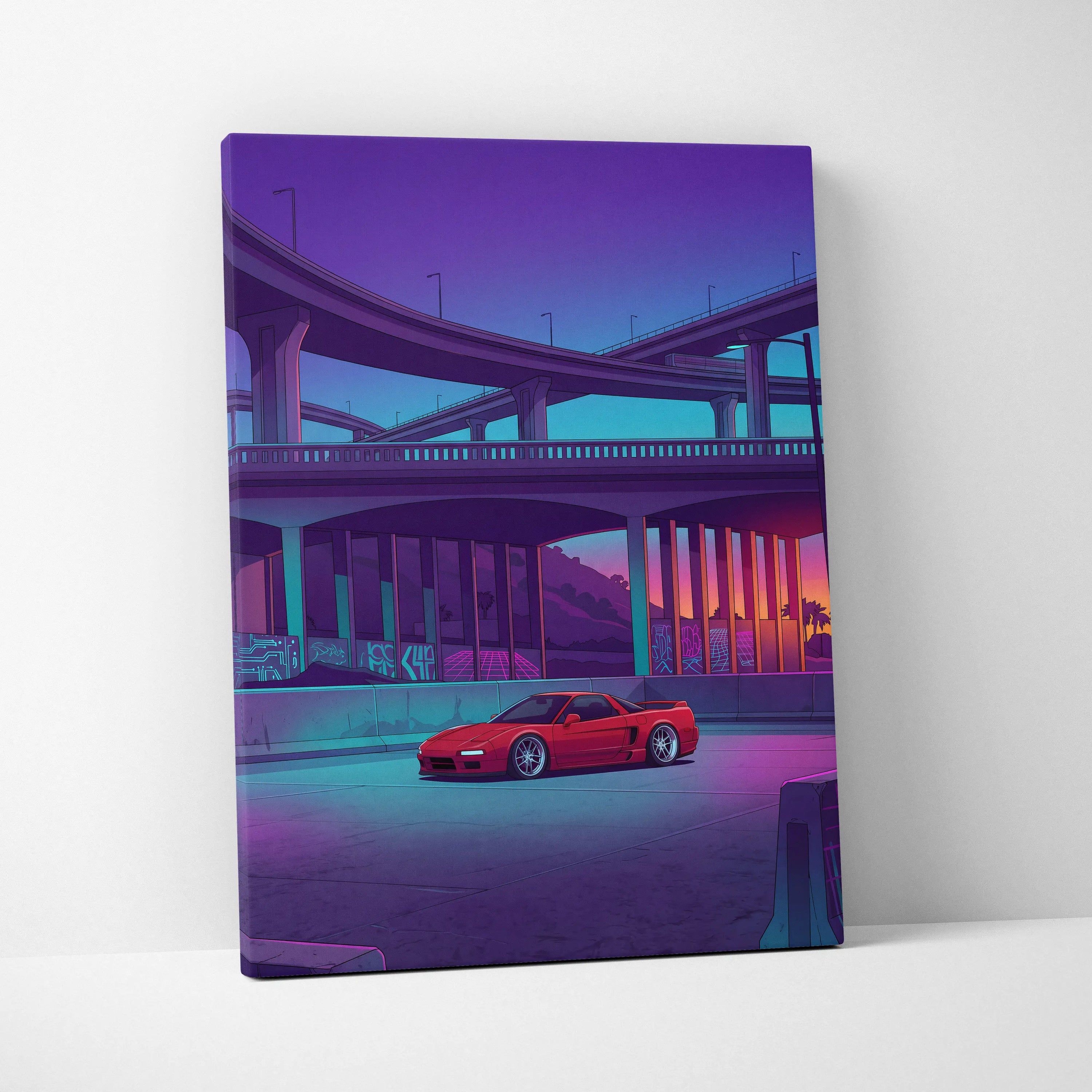 Acura NSX Inspired Red Purple Canvas Wall Art Vaporwave JDM Supercar Artwork Neon Overpass Garage Decor Retro Futuristic City Print
