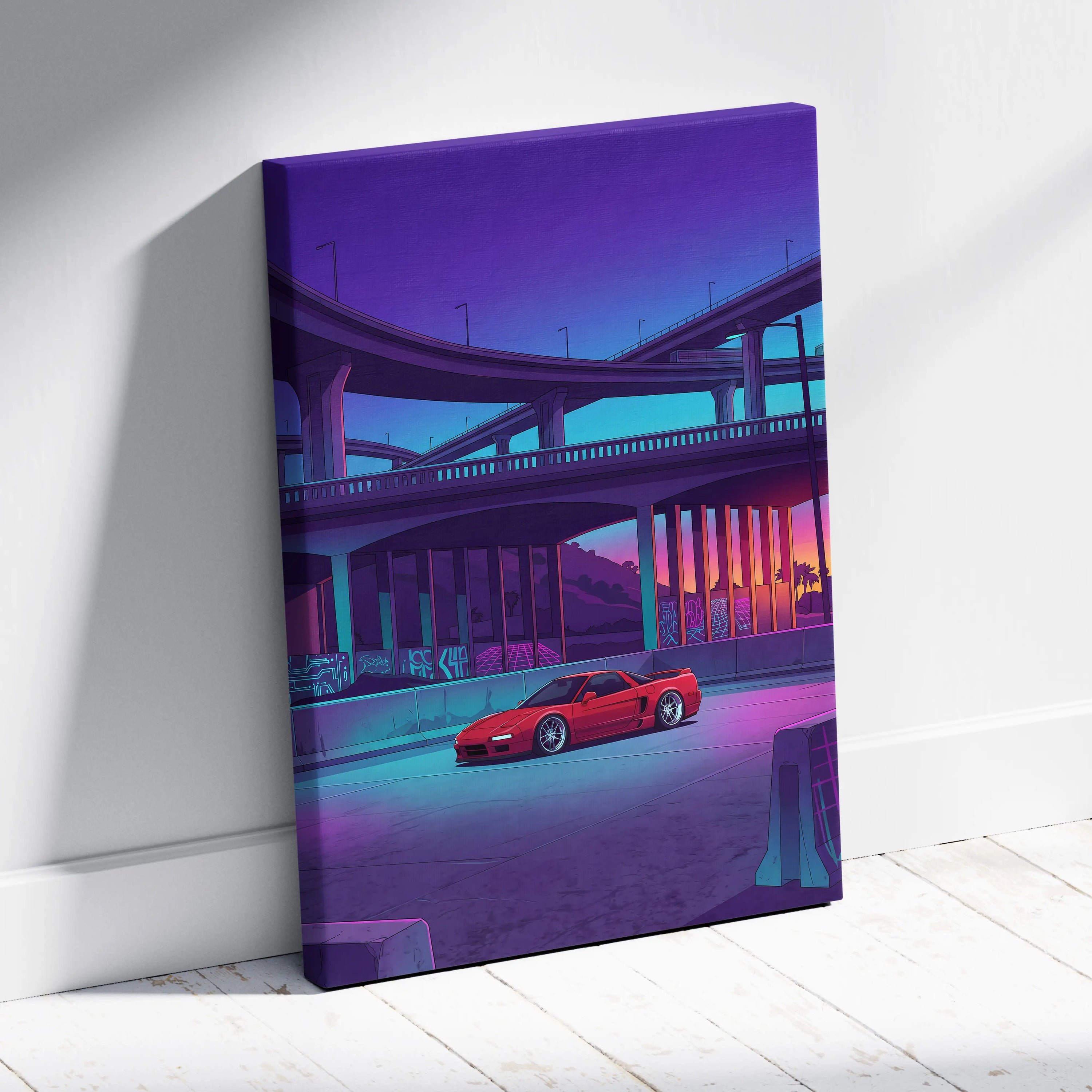 Acura NSX Inspired Red Purple Canvas Wall Art Vaporwave JDM Supercar Artwork Neon Overpass Garage Decor Retro Futuristic City Print