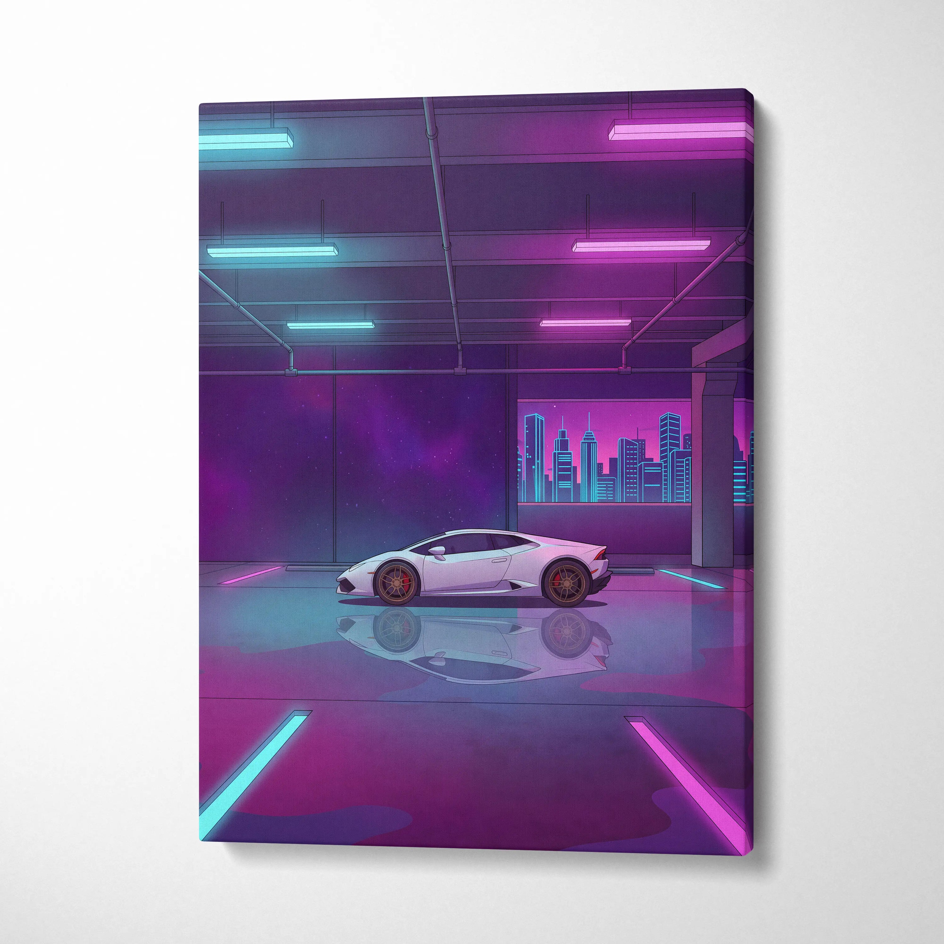 Lamborghini Huracan Inspired White Purple Canvas Wall Art, Neon Vaporwave Supercar Artwork for Modern Garage Decor