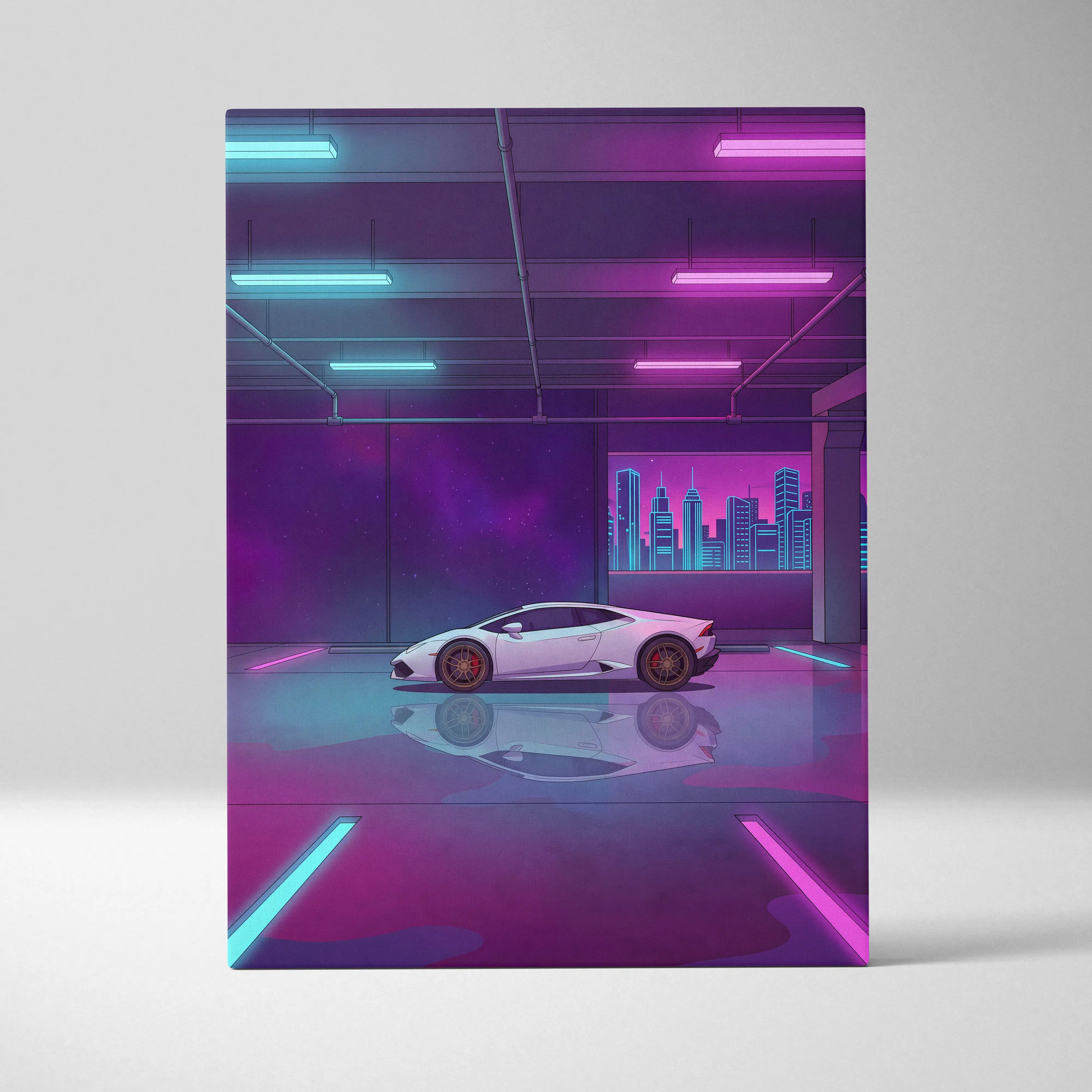 Lamborghini Huracan Inspired White Purple Canvas Wall Art, Neon Vaporwave Supercar Artwork for Modern Garage Decor