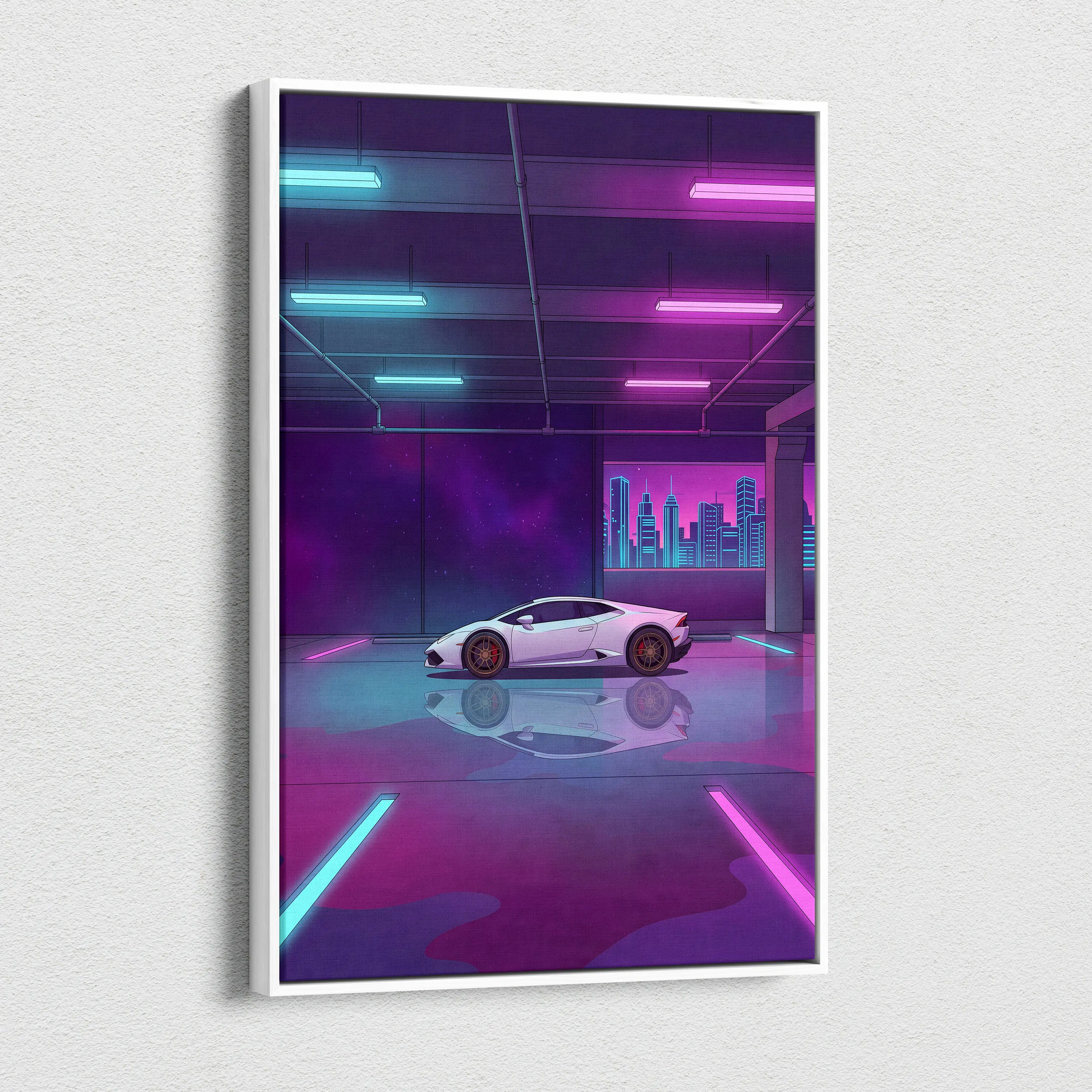 Lamborghini Huracan Inspired White Purple Canvas Wall Art, Neon Vaporwave Supercar Artwork for Modern Garage Decor
