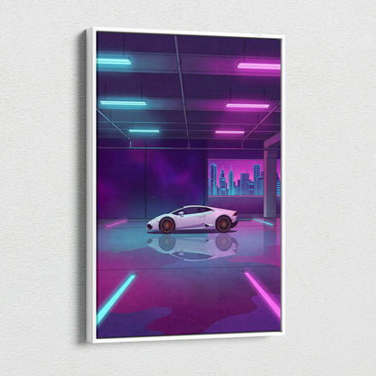 Lamborghini Huracan Inspired White Purple Canvas Wall Art, Neon Vaporwave Supercar Artwork for Modern Garage Decor