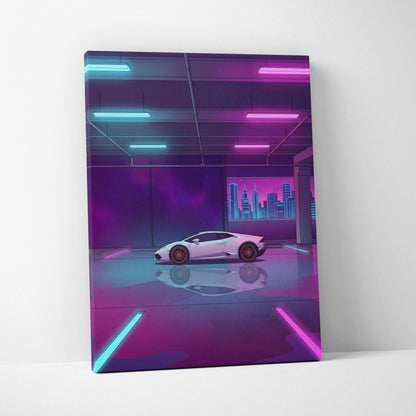 Lamborghini Huracan Inspired White Purple Canvas Wall Art, Neon Vaporwave Supercar Artwork for Modern Garage Decor