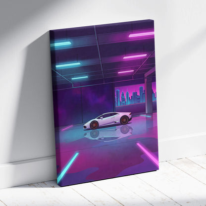Lamborghini Huracan Inspired White Purple Canvas Wall Art, Neon Vaporwave Supercar Artwork for Modern Garage Decor