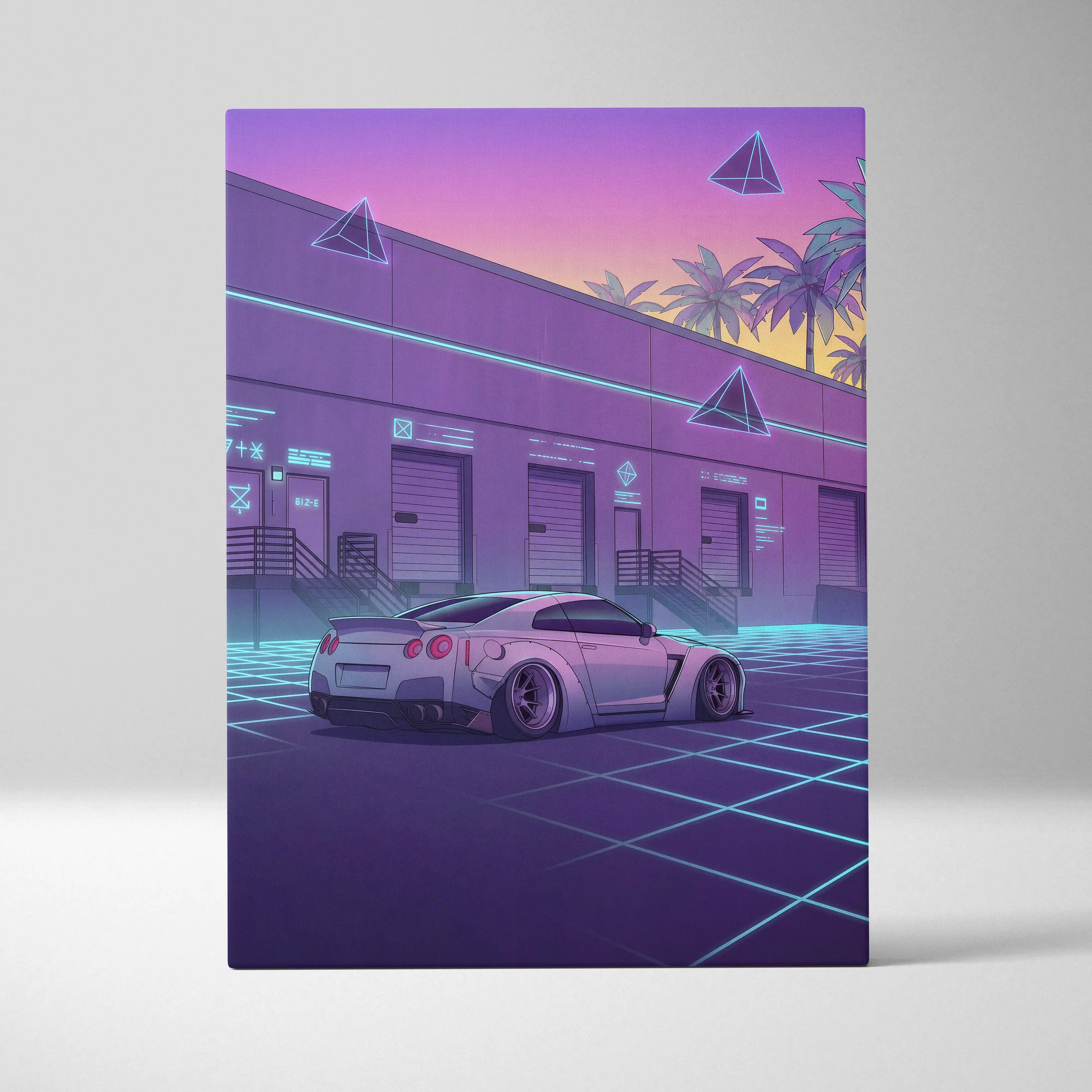 Nissan GT-R R35 Inspired White Purple Canvas Wall Art Vaporwave Neon Grid Car Artwork, Retro Cyberpunk Garage Decor