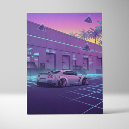 Nissan GT-R R35 Inspired White Purple Canvas Wall Art Vaporwave Neon Grid Car Artwork, Retro Cyberpunk Garage Decor