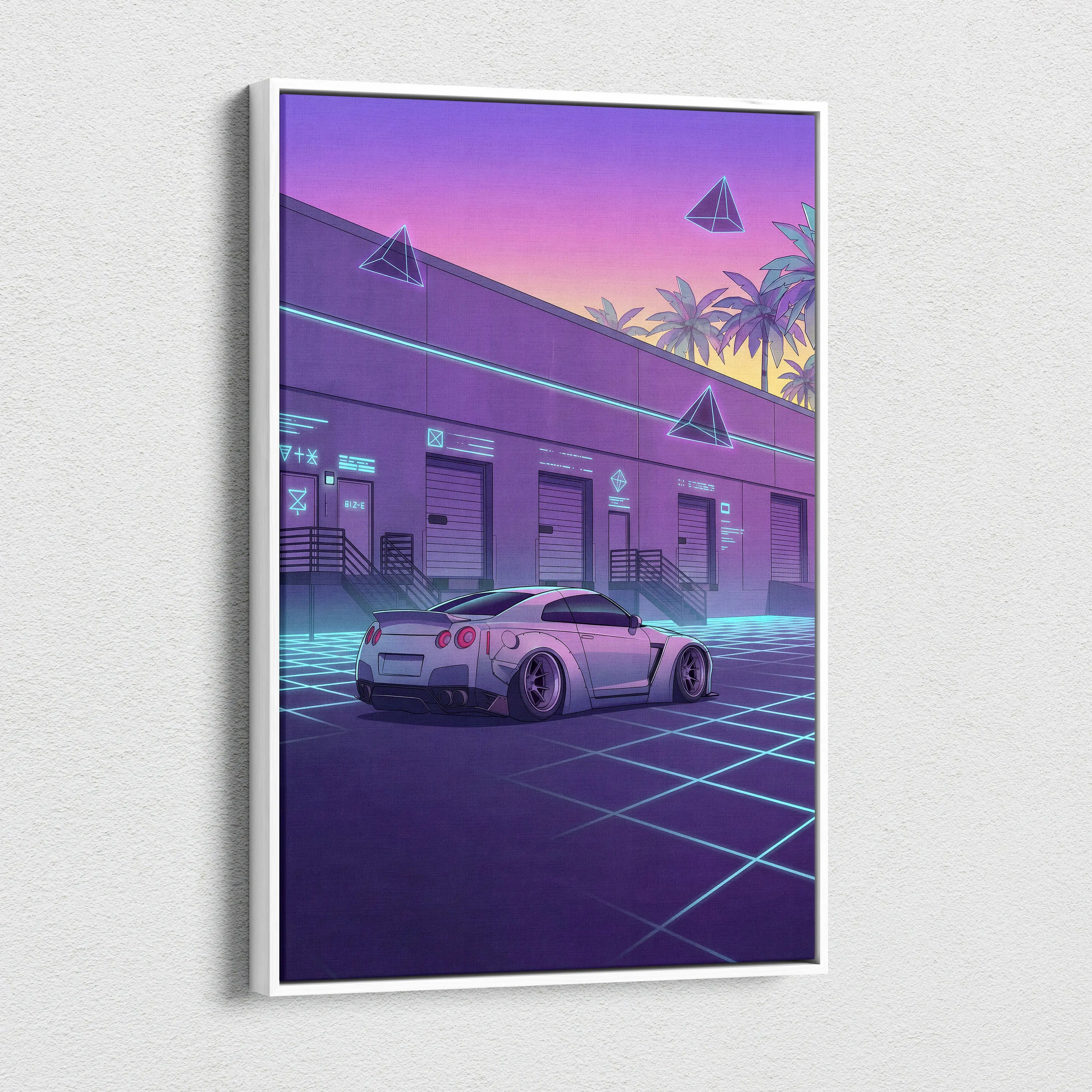 Nissan GT-R R35 Inspired White Purple Canvas Wall Art Vaporwave Neon Grid Car Artwork, Retro Cyberpunk Garage Decor