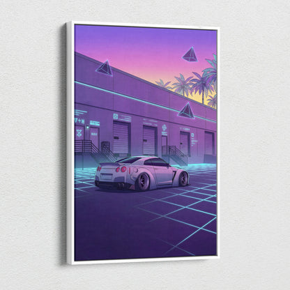 Nissan GT-R R35 Inspired White Purple Canvas Wall Art Vaporwave Neon Grid Car Artwork, Retro Cyberpunk Garage Decor