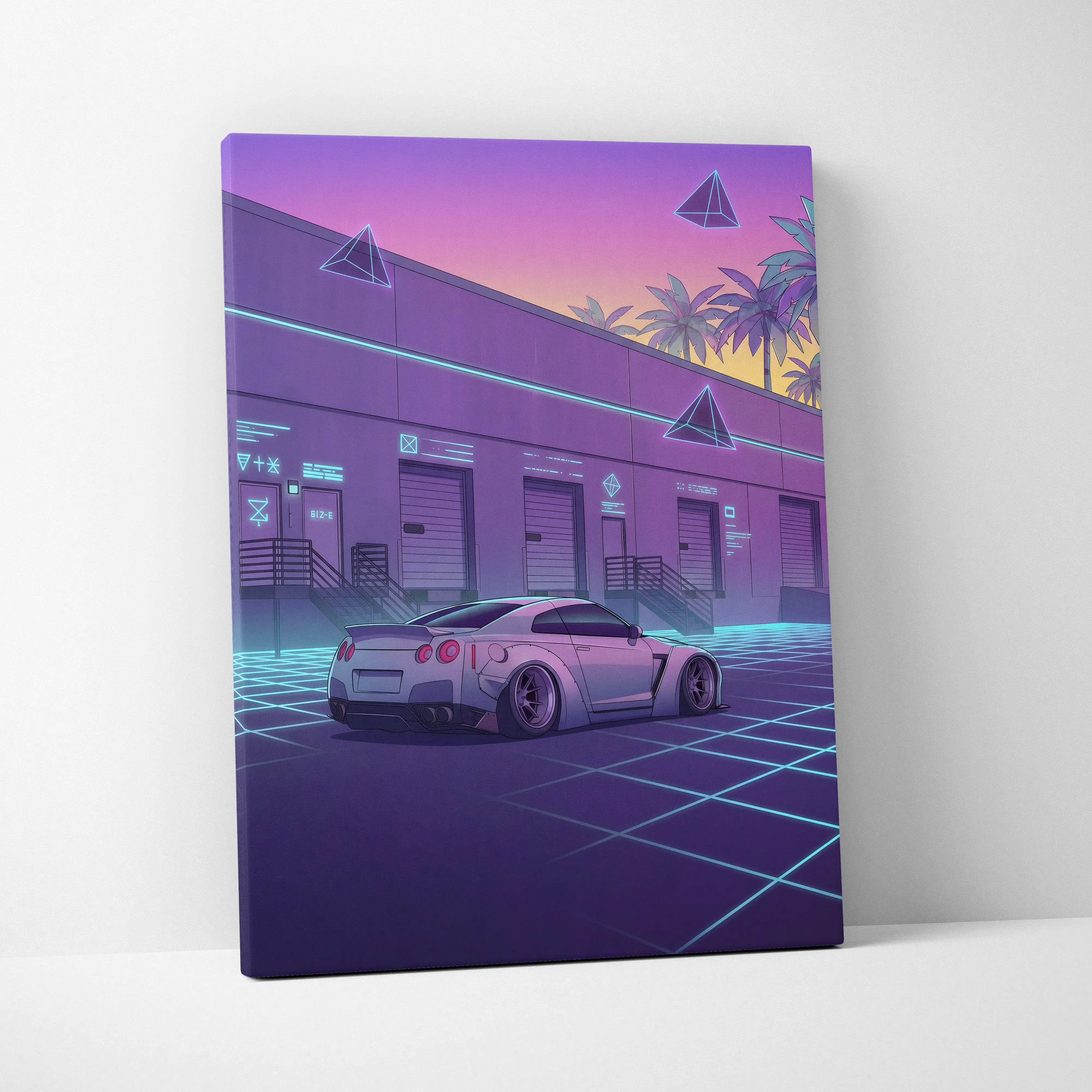 Nissan GT-R R35 Inspired White Purple Canvas Wall Art Vaporwave Neon Grid Car Artwork, Retro Cyberpunk Garage Decor