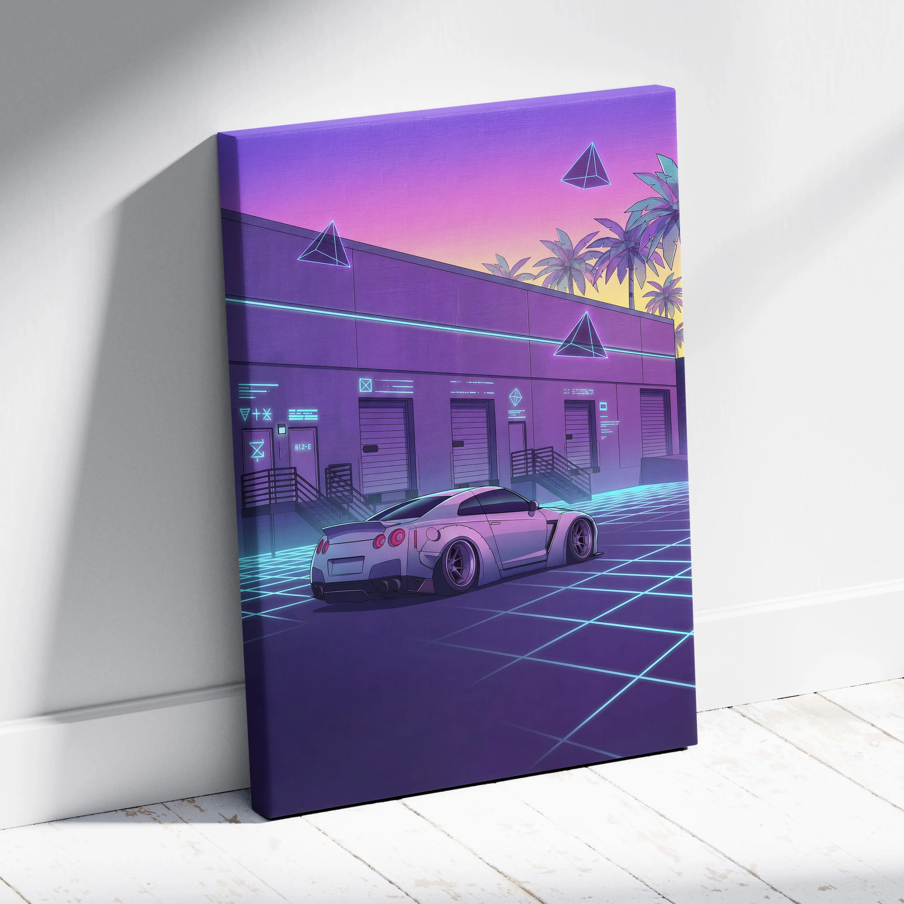 Nissan GT-R R35 Inspired White Purple Canvas Wall Art Vaporwave Neon Grid Car Artwork, Retro Cyberpunk Garage Decor