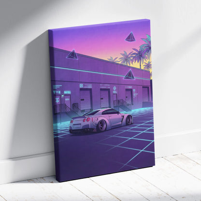 Nissan GT-R R35 Inspired White Purple Canvas Wall Art Vaporwave Neon Grid Car Artwork, Retro Cyberpunk Garage Decor