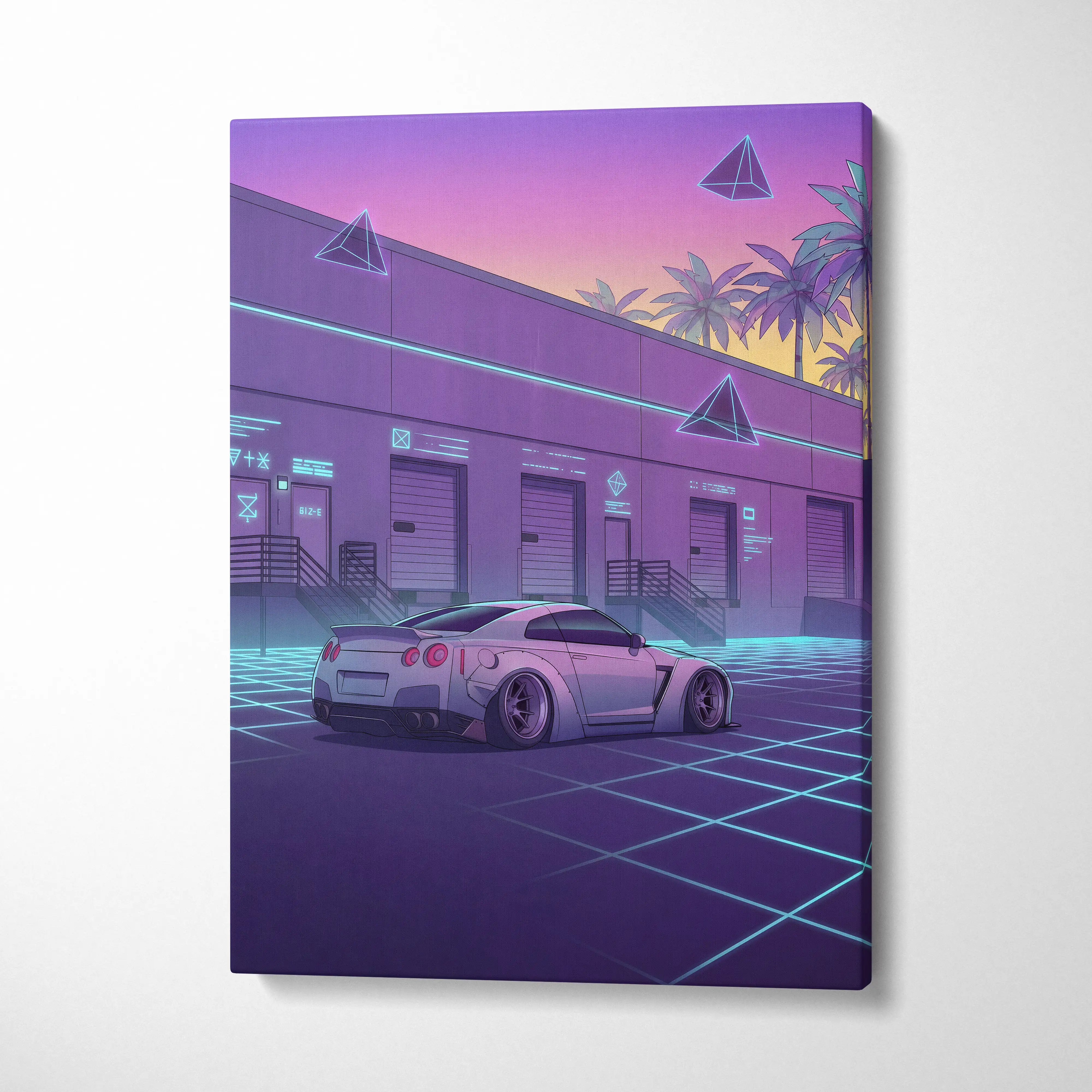 Nissan GT-R R35 Inspired White Purple Canvas Wall Art Vaporwave Neon Grid Car Artwork, Retro Cyberpunk Garage Decor