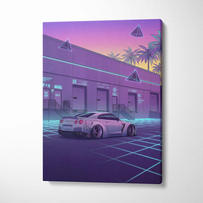 Nissan GT-R R35 Inspired White Purple Canvas Wall Art Vaporwave Neon Grid Car Artwork, Retro Cyberpunk Garage Decor