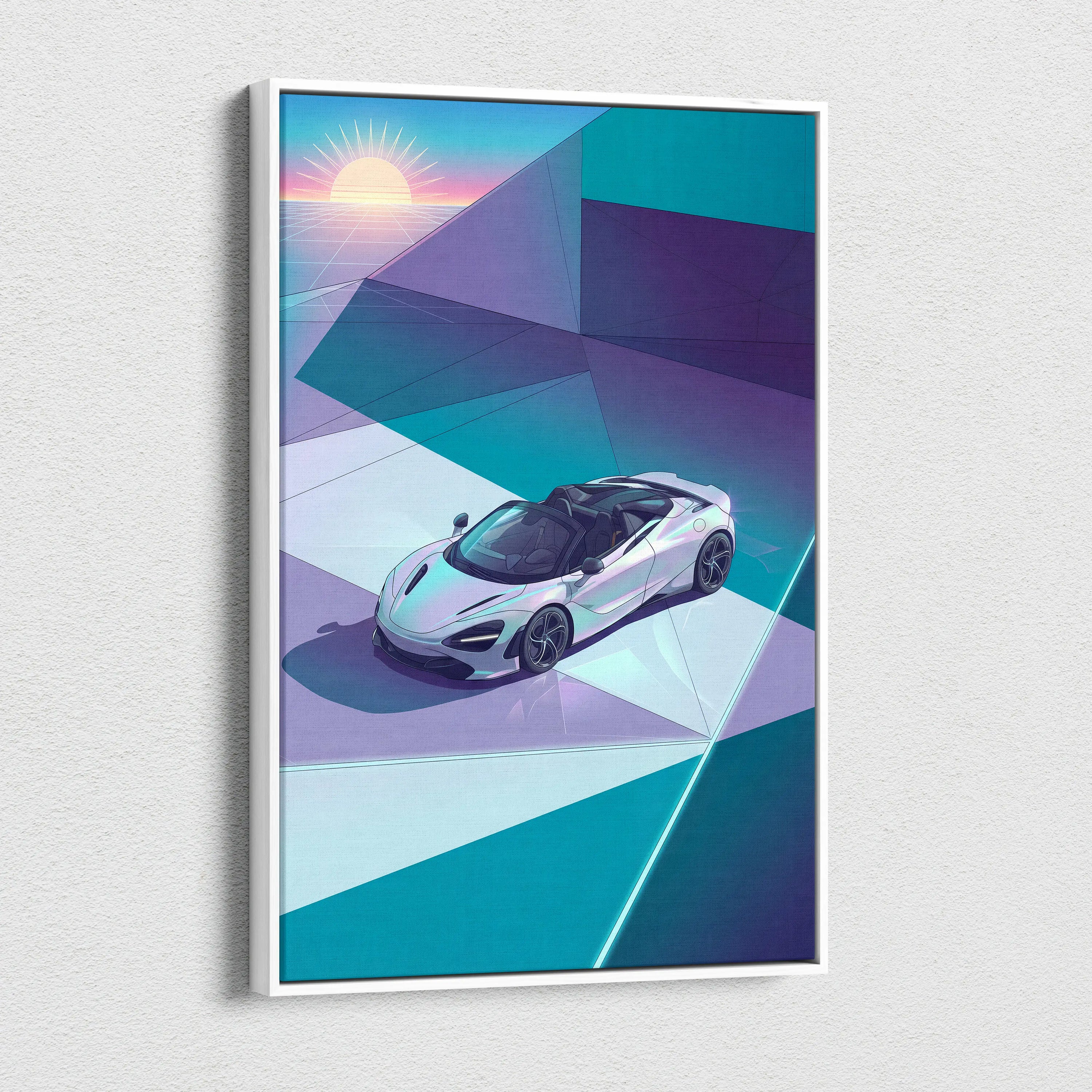 McLaren 720S Spider Inspired White Teal Canvas Wall Art, Vaporwave Supercar Artwork, Neon Grid Garage Decor, Retro Futuristic Exotic Print