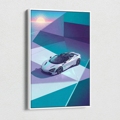 McLaren 720S Spider Inspired White Teal Canvas Wall Art, Vaporwave Supercar Artwork, Neon Grid Garage Decor, Retro Futuristic Exotic Print