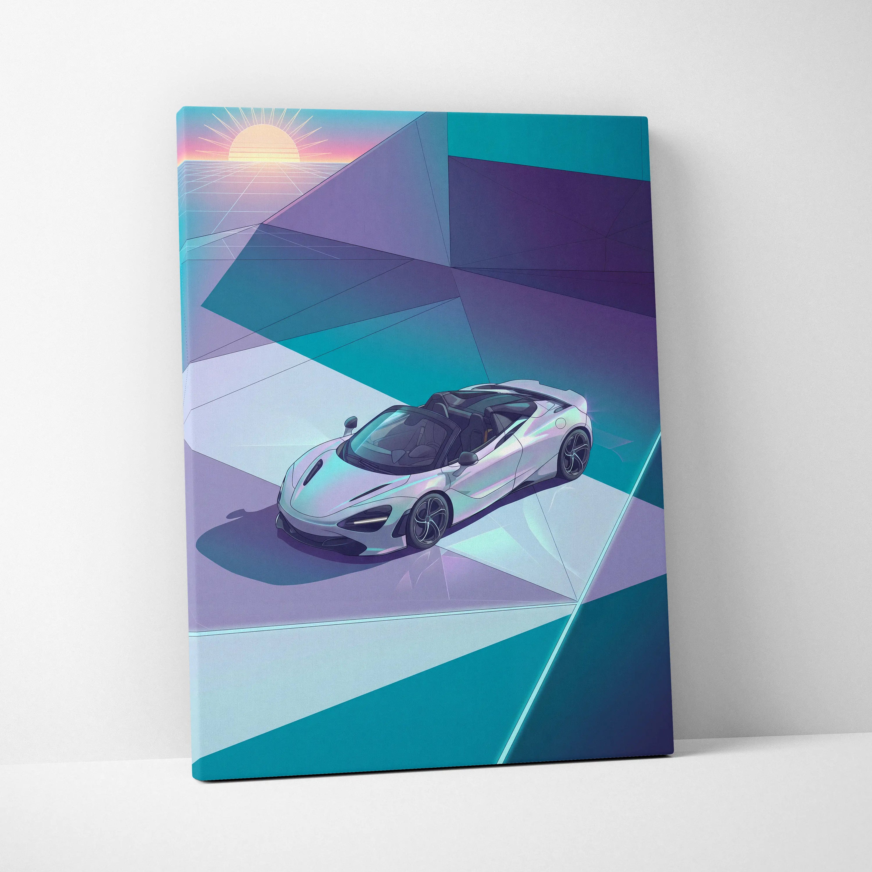 McLaren 720S Spider Inspired White Teal Canvas Wall Art, Vaporwave Supercar Artwork, Neon Grid Garage Decor, Retro Futuristic Exotic Print