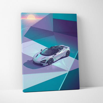 McLaren 720S Spider Inspired White Teal Canvas Wall Art, Vaporwave Supercar Artwork, Neon Grid Garage Decor, Retro Futuristic Exotic Print