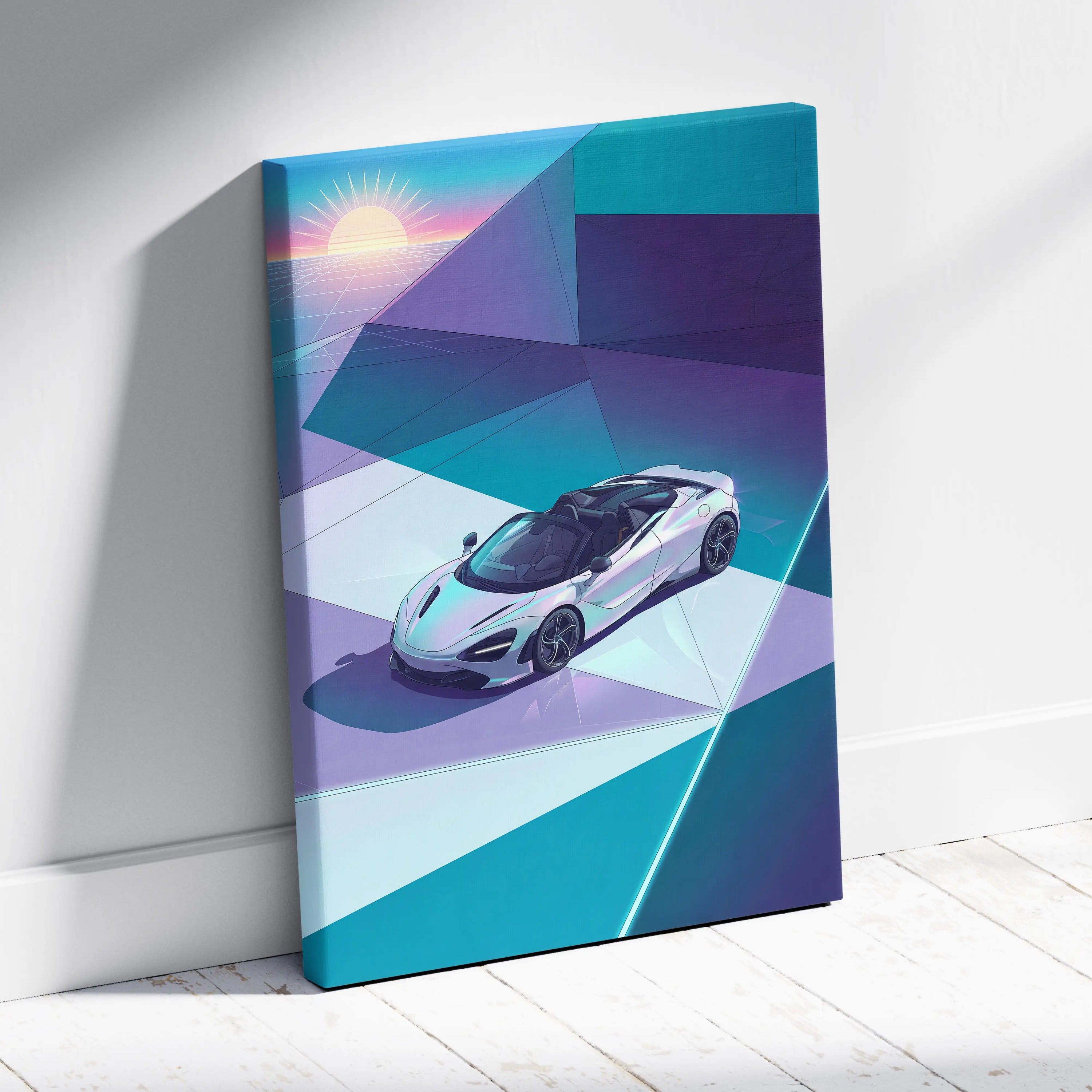 McLaren 720S Spider Inspired White Teal Canvas Wall Art, Vaporwave Supercar Artwork, Neon Grid Garage Decor, Retro Futuristic Exotic Print