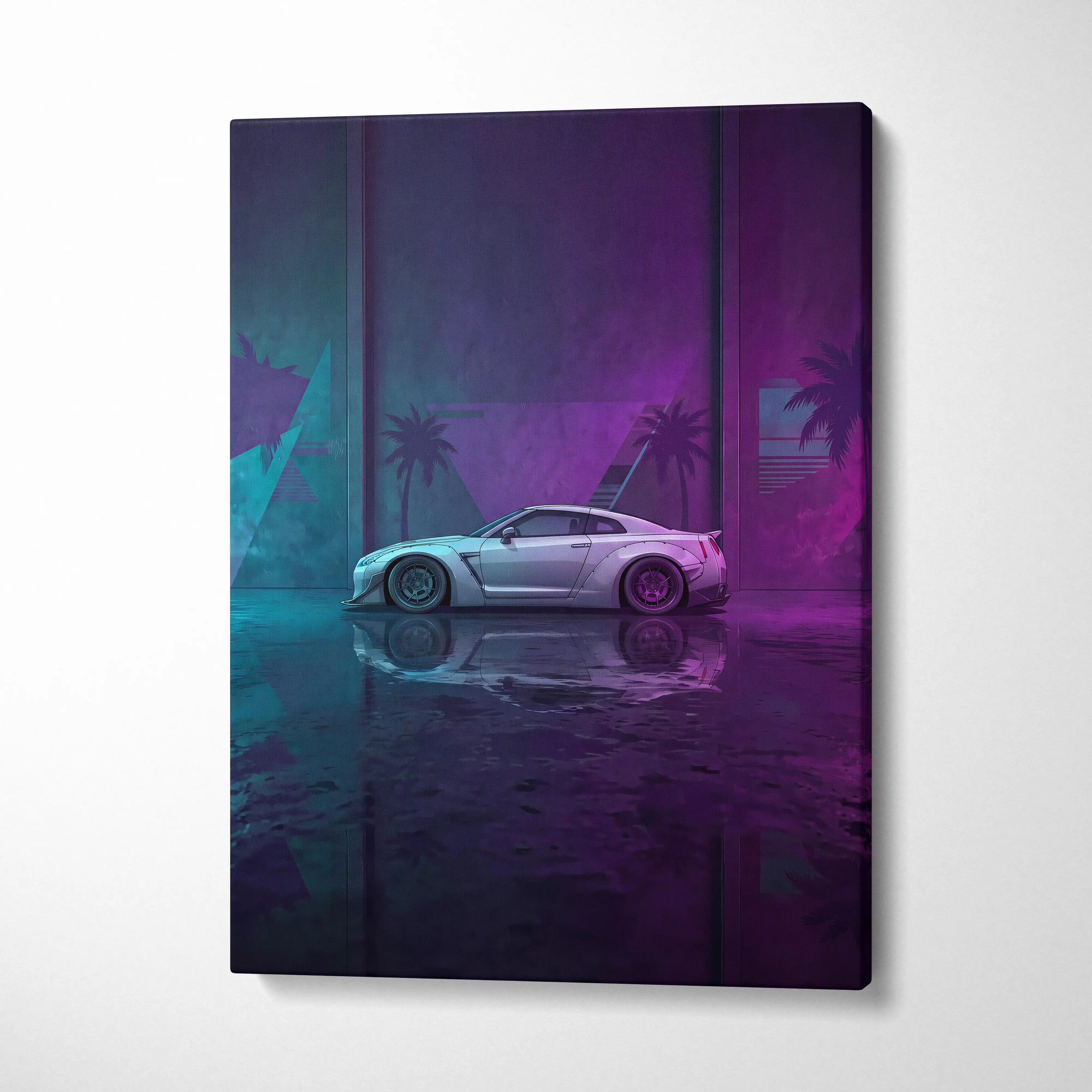 Nissan GT-R R35 Inspired Silver Purple Canvas Wall Art, Neon Vaporwave JDM Supercar Artwork for Modern Garage Decor