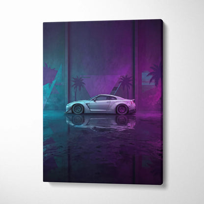 Nissan GT-R R35 Inspired Silver Purple Canvas Wall Art, Neon Vaporwave JDM Supercar Artwork for Modern Garage Decor